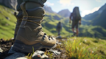 Hikers trekking and walking through a beautiful mountain range showing the beauty of nature and the camping gear like tents and boots. Generative AI