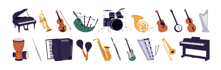 Different musical instruments set. Various orchestra equipments. Drum kit, classical piano, jazz trumpet, electric rock guitar, violin, harp. Flat isolated vector illustrations on white background - obrazy, fototapety, plakaty