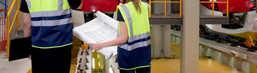 Young caucasian engineer man and woman or worker looking blueprint and checking electric train for planning maintenance in station, transport and infrastructure, inspector check service transport.