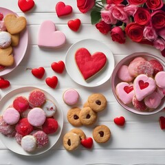 Fototapeta premium Valentines Day table scene with a selection of sweets and cookies, top view over a white wood background