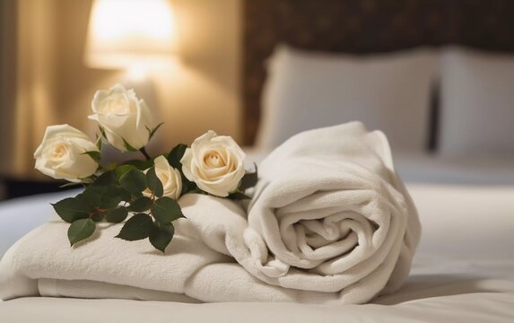 Realistic photo of towels on bed and putting flowers on towels in hotel room. generative ai
