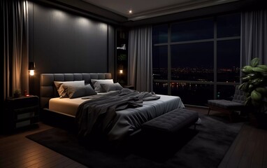 realistic photos Elegant and comfortable home and hotel bedroom interiors, with dark color...