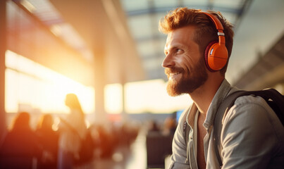 Happy smiling male traveler in airport, man in headphones at the sitting at the terminal waiting...