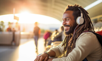 Happy smiling black skin male traveler in airport, man in headphones at the sitting at the terminal...