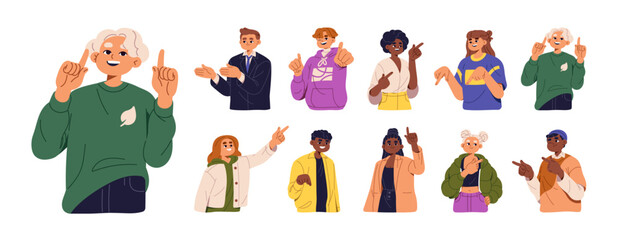 People pointing with finger set. Happy teens indicate with hand. Characters looking up, showing direction, wink, gesture. Aspiration to goal concept. Flat isolated vector illustration on white