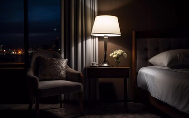 realistic photo Night scene in hotel room, bedside table with lamp, sofa and rug. generative ai
