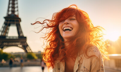 Happy woman with red hair travel in Paris, Cheerful Female near Eiffel Tower, Travel to Europe, Famous popular tourist place in world. - obrazy, fototapety, plakaty
