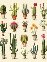 Cactus Varieties Illustrated: Desert-Themed Wall Art Showcasing Diverse Succulent Beauties