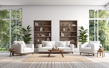 realistic photo White living room interior with sofa and armchairs, shelves with art decoration, carpet on hardwood floor. Panoramic windows in the tropics. generative ai