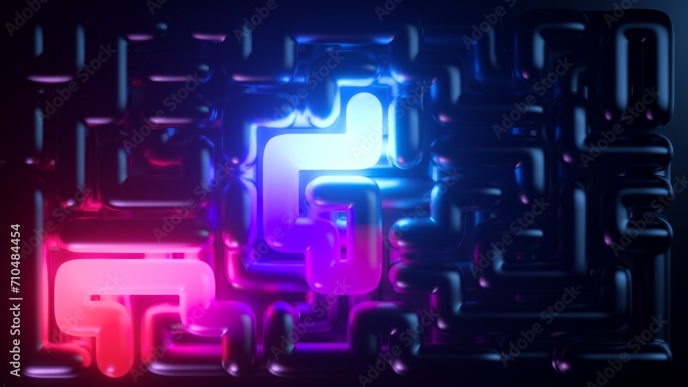 Poster 3d render, abstract neon background of futuristic pipeline, maze glowing in the dark