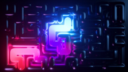 3d render, abstract neon background of futuristic pipeline, maze glowing in the dark