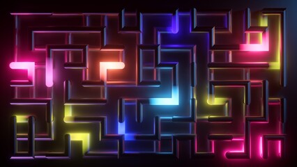 3d render, abstract neon labyrinth background. Colorful lights inside the ultraviolet maze glowing...