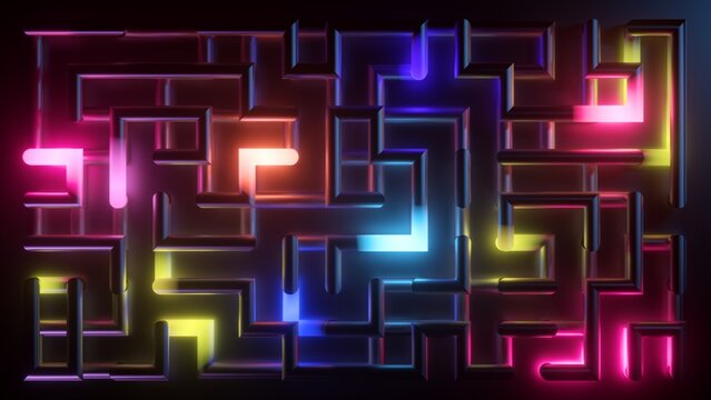 3d render, abstract neon labyrinth background. Colorful lights inside the ultraviolet maze glowing in the dark. Energy concept