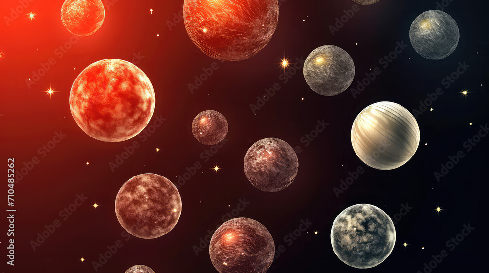 Poster planet in flowing in a red space background. seamless space pattern design