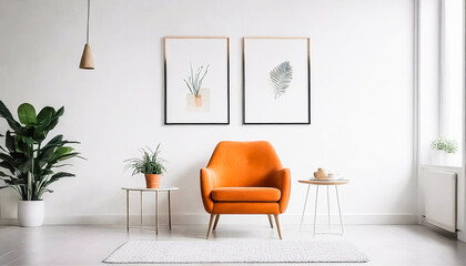 Mockup picture frame on the wall in a bright, minimalistic space with a houseplant, a tiny table, and an orange armchair. Wall Poster, Green Screen, Video Editing. (Version 4) Generative AI.