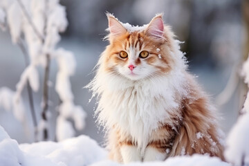 Gato de pelo largo bajo la nieve.