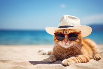 Gato con gafas de sol y sombrero tumbado en la arena de la playa.