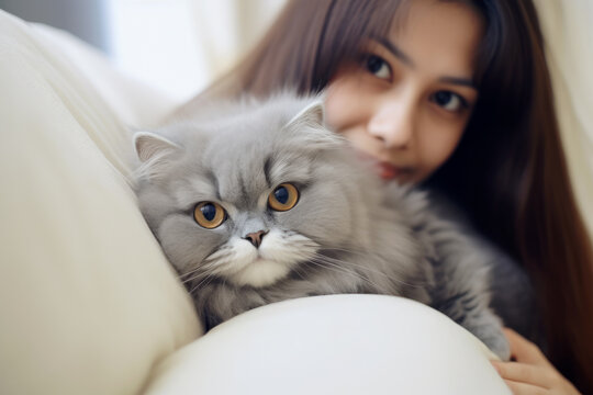 Gato persa gris en el sofá de casa con su dueña asiática.