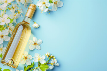  A bottle of wine in  flowers, on a blue background in pastel colors. Top view with a meta for...