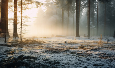Naklejka premium Beautiful scene of winter forest. Colorful morning view of misty mountains during sunrise. Beauty of nature concept background.