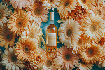  A bottle of wine in peach flowers, on a blue background in pastel colors. Top view with a meta for...