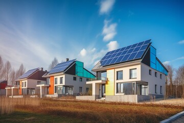 Fototapeta na wymiar Sustainable Living Vista: Houses Adorned with Solar Panels, Eco-Friendly Residences 