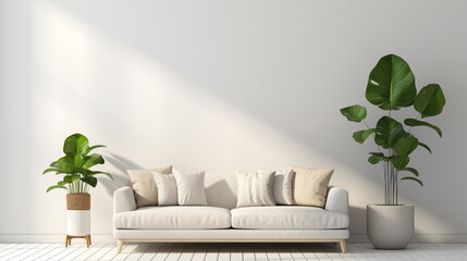 Modern white and clean living room, Minimal style, Green plant in white room, Interior design, Generated AI - obrazy, fototapety, plakaty