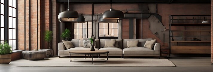 living room loft in industrial style 3d render Interior.