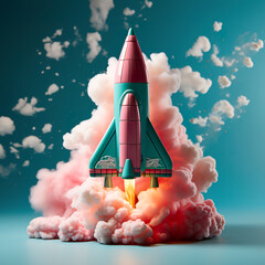 A vibrant pink and turquoise toy rocket, a whimsical plaything that sparks childhood imagination,...