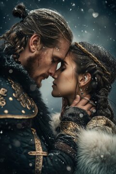 In an epic portrayal of love, a valiant Viking couple embraces passionately against a medieval backdrop, creating a captivating scene for a romance novel's enchanting book cover