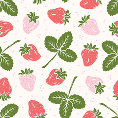 Berry and Leaf of Strawberry. Strawberries Seamless Pattern. Berries Vector Background. Fruit Wallpaper. Great for Textile, Wrapping Paper, Packaging etc.