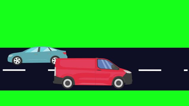 Running cars on the road, cartoon animation on green screen background