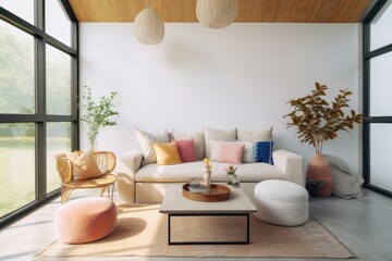 Fototapeta na wymiar .Boho-chic living room exudes warmth with a peach fuzz color palette, blending trendy decor and stylish furniture for a comfortable, eclectic, and inviting home atmosphere