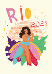 Obraz na płótnie Canvas Carnival in Brazil in Rio 2024, a woman in a bikini with feathers dancing, poster, postcard, vector hand-drawn