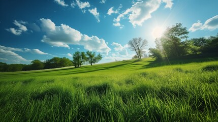 A picturesque scene of a green, manicured meadow, the grass evenly cut and vibrant, under a deep blue sky with scattered clouds, embodying the essence of summer. landscape with grass and sky