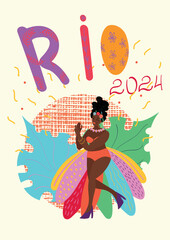 Carnival in Brazil in Rio 2024, a woman in a bikini with feathers dancing, poster, postcard, vector hand-drawn
