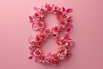 March 8 postcard. Number eight on pink background with roses, in the style of sculptural paper constructions, delicate.
