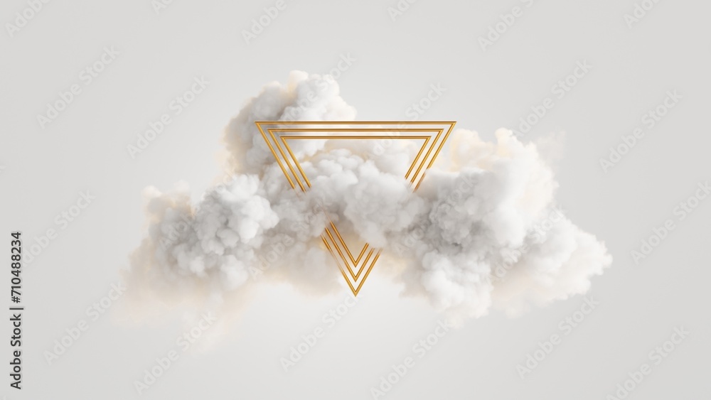 Poster 3d render. abstract geometric background. triangular golden frame inside the white cumulus. minimali