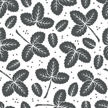 Leaves. Leaf of Strawberry. Floral Seamless Pattern. Summer Black and White Background. Great for Textile, Wrapping Paper, Packaging etc. Vector Illustration © AllNikArt