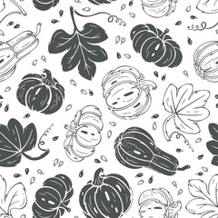 Thanksgiving Day. Pumpkin Seamless Pattern. Different Varieties of Pumpkins and Leaves. Autumn Harvest Symbols Repeating Black and White Background. Healthy Food. Vegetables Vector illustration.