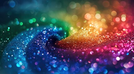 Rainbow glitter swirl, prohibition of microplastics in the European community. LGBT, drag queen, carnival. Sparkling particles in cosmetics, makeup non-biodegradable. Pollution, environmental impact.
