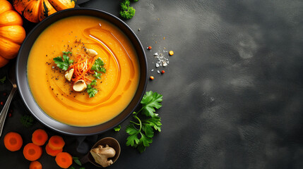 Pumpkin and carrot soup with cream and parsley on a dark rustic background. top view banner with copy space for delicious autumn or winter comfort food. Perfect for cozy meals and warm gatherings. - obrazy, fototapety, plakaty