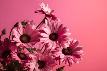 Pink daisies with dark centers on a pink gradient background. Floral composition with copy space. Spring and nature concept. Design for greeting card, invitation, poster