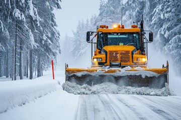 A big snow plow at work on a snowy road.