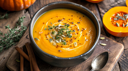 Pumpkin and carrot soup with cream and parsley on a dark rustic background. Side view banner with copy space for delicious autumn or winter comfort food. Perfect for cozy meals and warm gatherings.