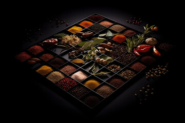 wide variety spices and herbs on background of black table, with empty space