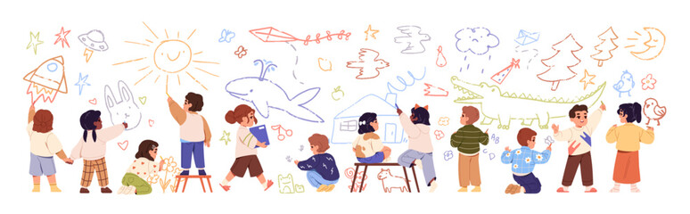 Children draw on the wall. Kids painting freehand doodles with crayon. Art education in elementary school. Creative child paints animals pictures. Flat isolated vector illustration on white background