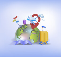 The concept of tourism and travel, vacation, round-the-world travel.
3d image of an airplane, planet earth suitcase on a blue background.
Vector, template for the banner.