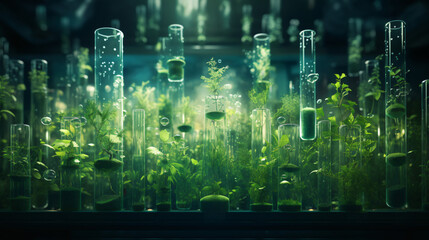 Many green plants in test tubes. Generative AI