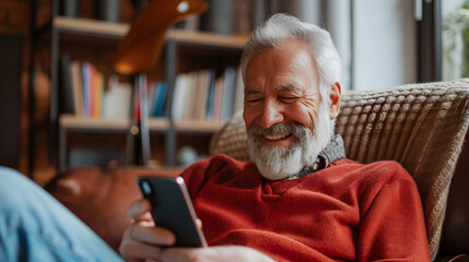Close-up senior smiling relaxed retired man with beard sitting comfortably at home on armchair using mobile phone, communication concept